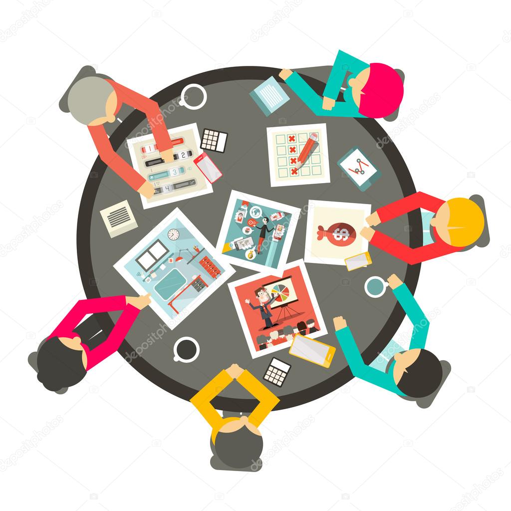People Around the Circle Table Vector Business Meeting Top View Illustration