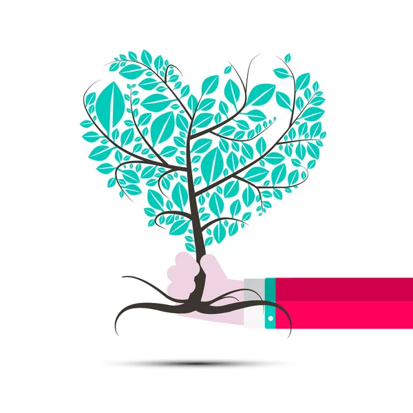 Árbol en forma de corazón en vector de mano humana — Vector de stock