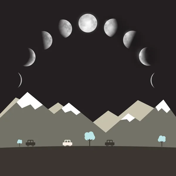 Abstract Vector Flat Design Night Landscape with Moon Phases — Stock Vector