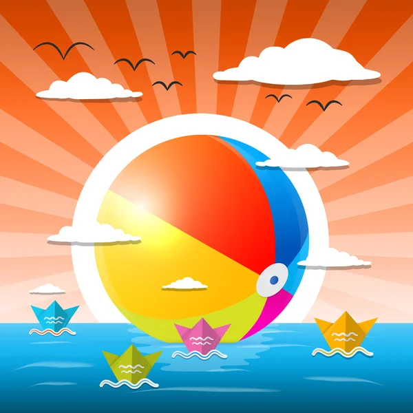 Beach Ball in acqua - Oceano o lago con barche di carta Vector Illustrazione — Vettoriale Stock