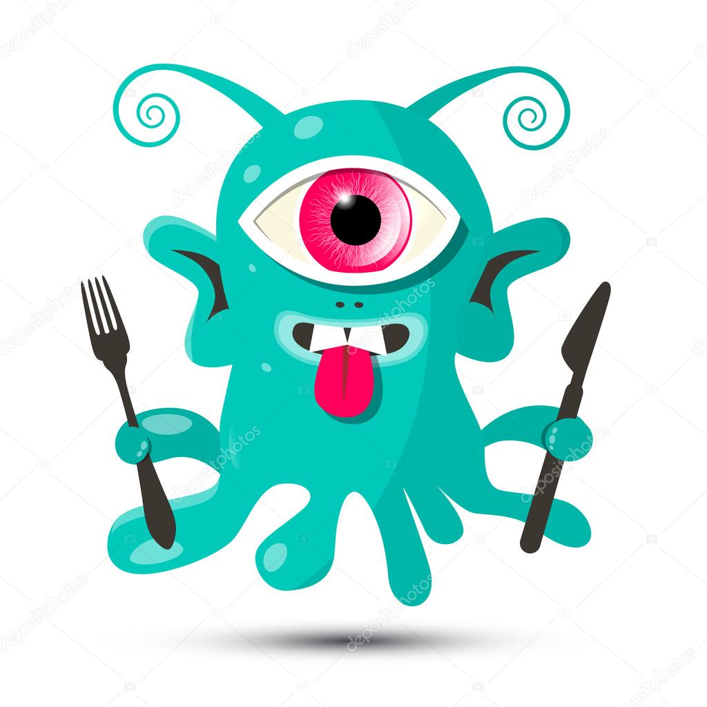 Alien - Monster or Bacillus Vector Illustration with Fork and Knife Isolated on White Background