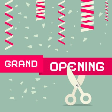 Flat Design Grand Opening Vector Illustration with Confetti and Scissors clipart