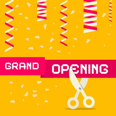 Retro Grand Opening Vector Illustration with Confetti and Scissors on Yellow Background clipart