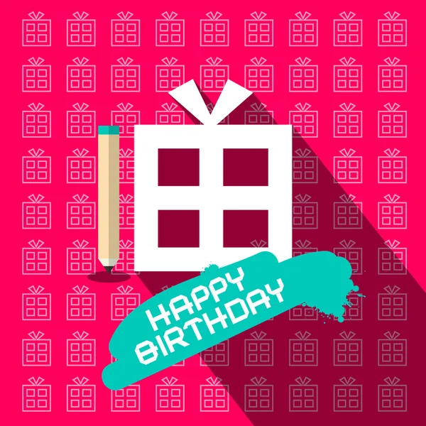 Happy Birthday Paper Flat Design Vector Illustration with Paper Gift Box and Pencil on Pink Background — Stock Vector