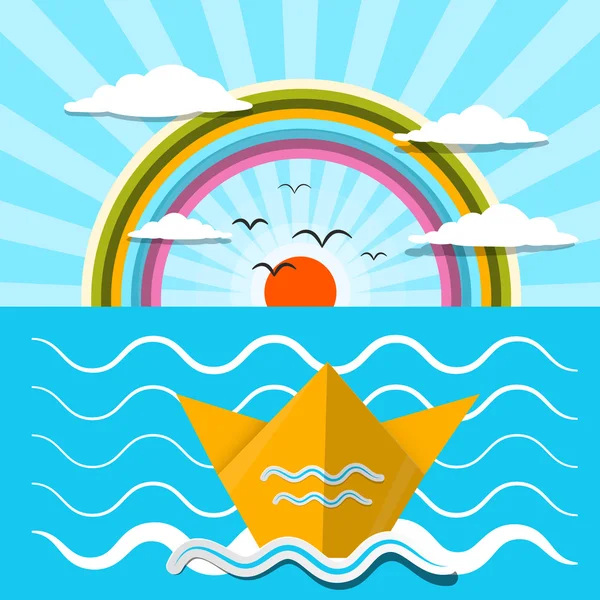 Barco de papel vetorial de design plano e oceano com arco-íris — Vetor de Stock
