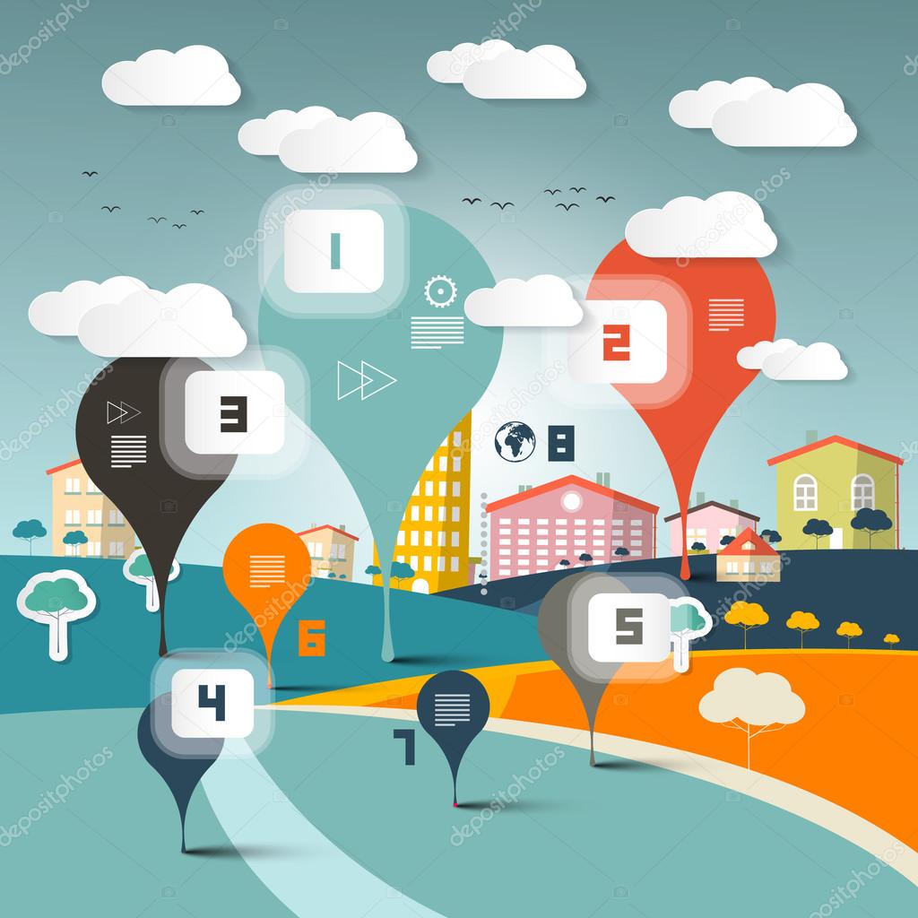 Vector Infographics Layout on Landscape Town or City in Flat Design Retro Style Illustration