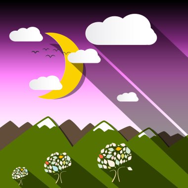 Gece dağ vektör peyzaj Moon ile