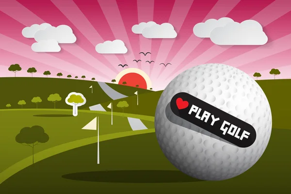 Golf Ball Vector Illustration on Field with Sun and Sky and Heart Shape Love Play Golf Title — Stock Vector