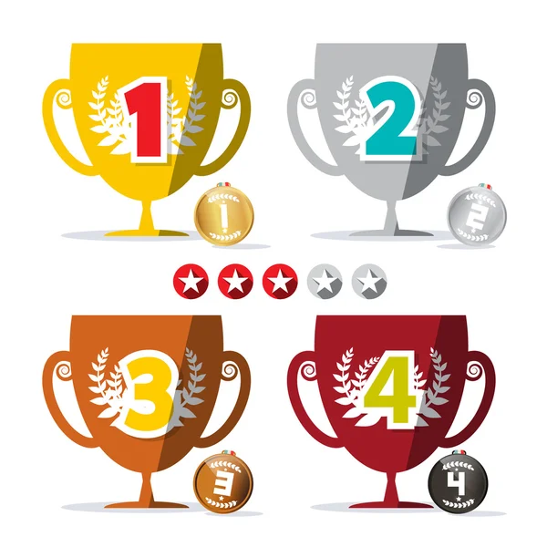 Conjunto de copas y medallas ganadoras de diseño plano con etiquetas de clasificación de estrellas — Vector de stock