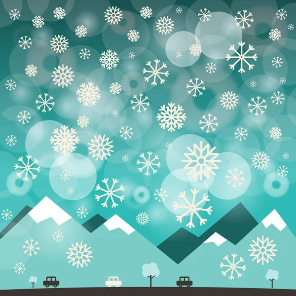 Zimní modré pozadí s sněhové vločky. Vektorové ilustrace z hor a silnici s auty. — Stockový vektor