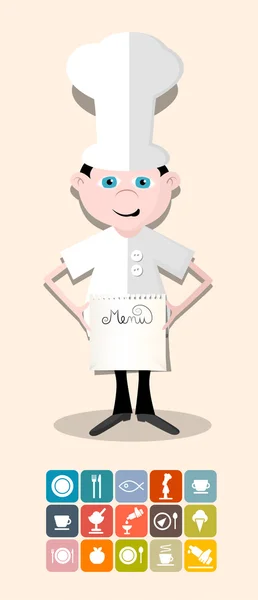 Cocinero - Chef con menú y restaurante - Iconos de comida — Vector de stock