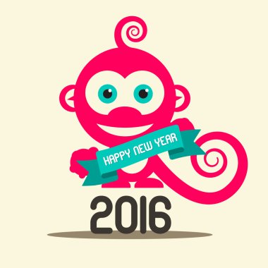 Maymun ve şerit vektör düz tasarım çizim ile basit mutlu yeni yıl 2016