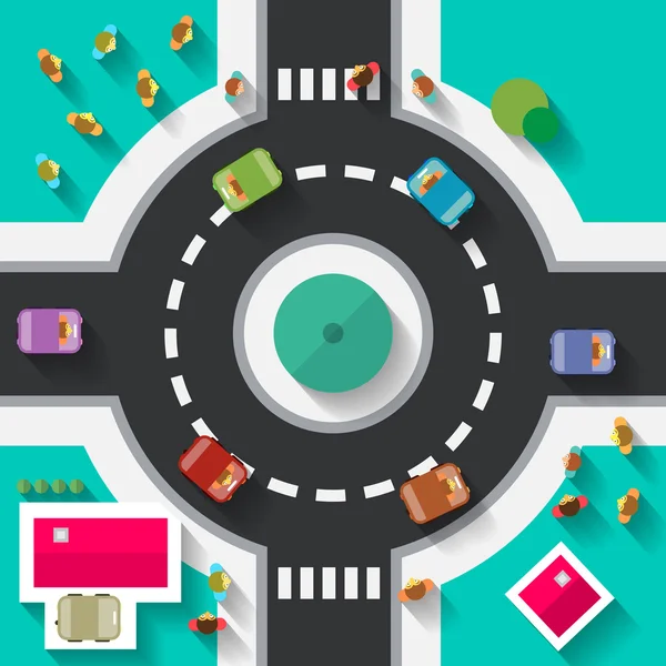 Top View Flat Design Roundabout Crossroad - Streets and Paths Vector — Stock Vector