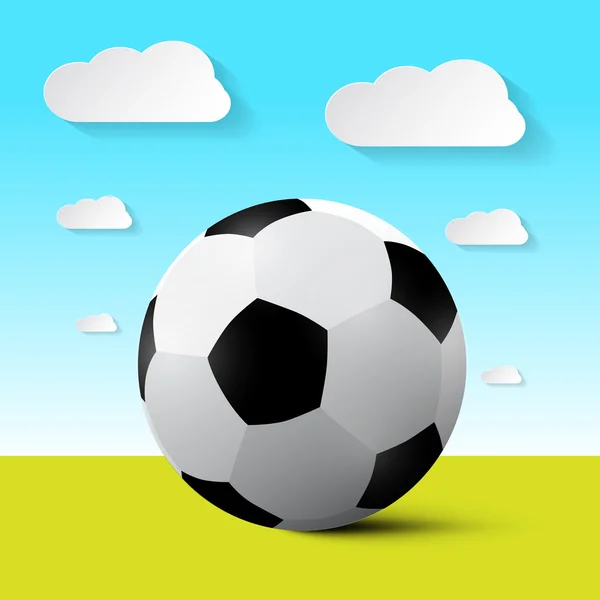 Bola de futebol no campo ilustração vetorial com céu azul e nuvens — Vetor de Stock