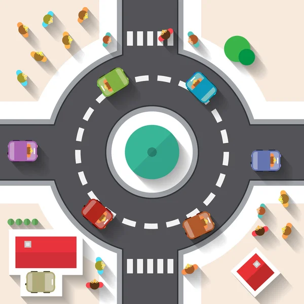 Flat Design Top View Street Roundabout with Cars and People Vector — Stock Vector