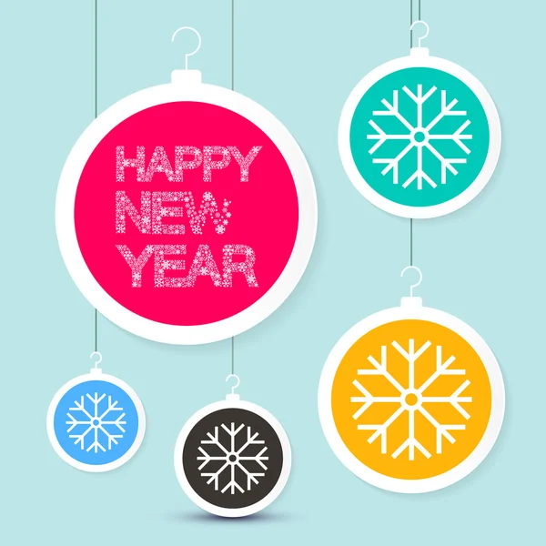 Happy New Year Title - Vector Snowflakes Slogan on Colorful Paper Cut Xmas Balls — Stock Vector