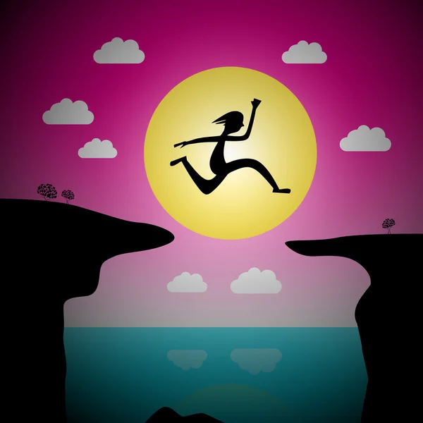 Salto sopra precipitazione vettoriale cartone animato - Uomo o donna salto con oceano e mare e cielo al tramonto — Vettoriale Stock