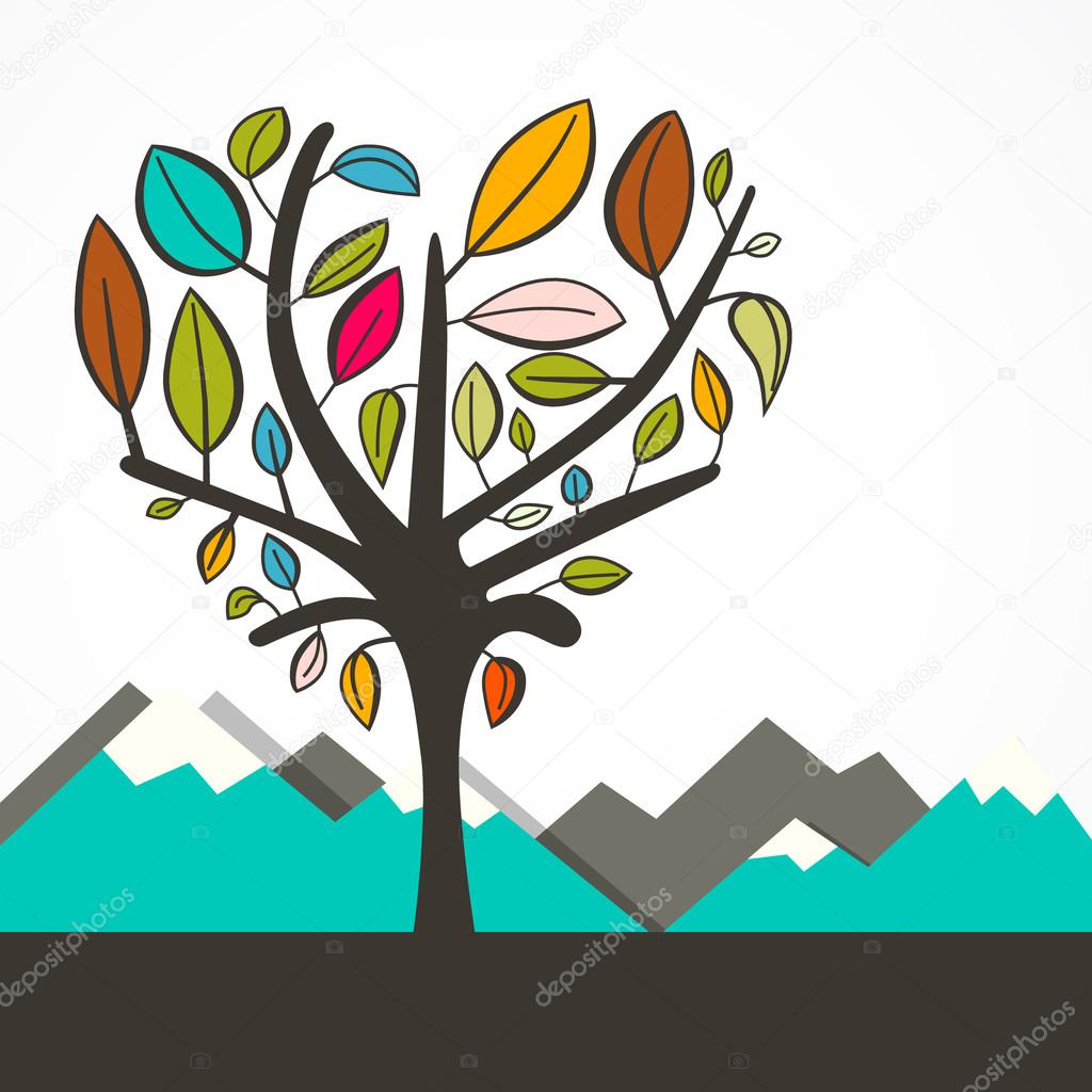 Logo d'arbre avec conception plate de vecteur de feuilles de coeur