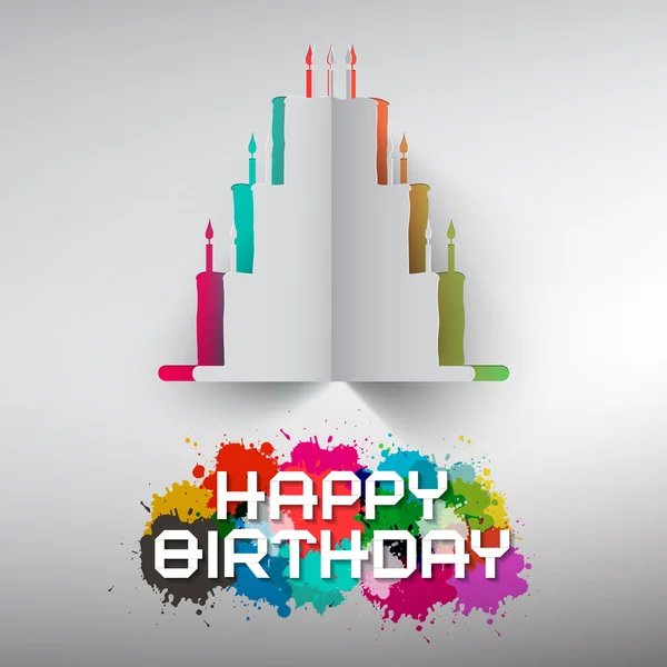 Urodziny papieru wyciąć ciasto z kolorowe plamy i szczęśliwy urodziny tytuł — Wektor stockowy