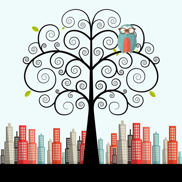 Búho en árbol rizado con ciudad en fondo Vector Diseño plano Ilustración — Vector de stock