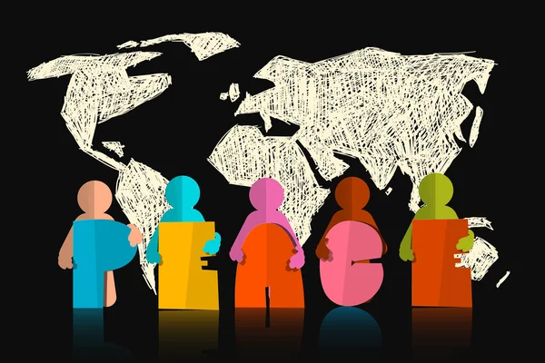 Peace Vector Slogan - Titre avec papier Découpez les gens sur la Terre Noire Carte Contexte — Image vectorielle