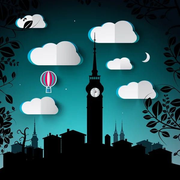 Illustration de paysage nocturne avec silhouette de ville et de tour et nuages vectoriels de coupe de papier et ballon à air chaud — Image vectorielle