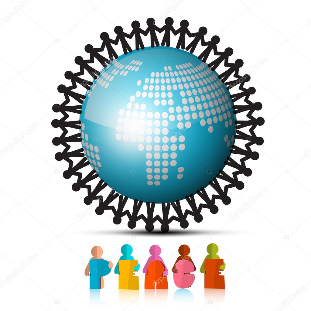 People Holding Hands Around Globe and Peace Paper Cut Title