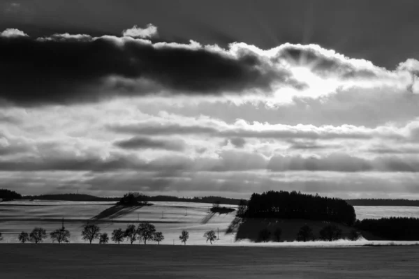 Sunset Winter Scene Landscape View - Foto em preto e branco — Fotografia de Stock