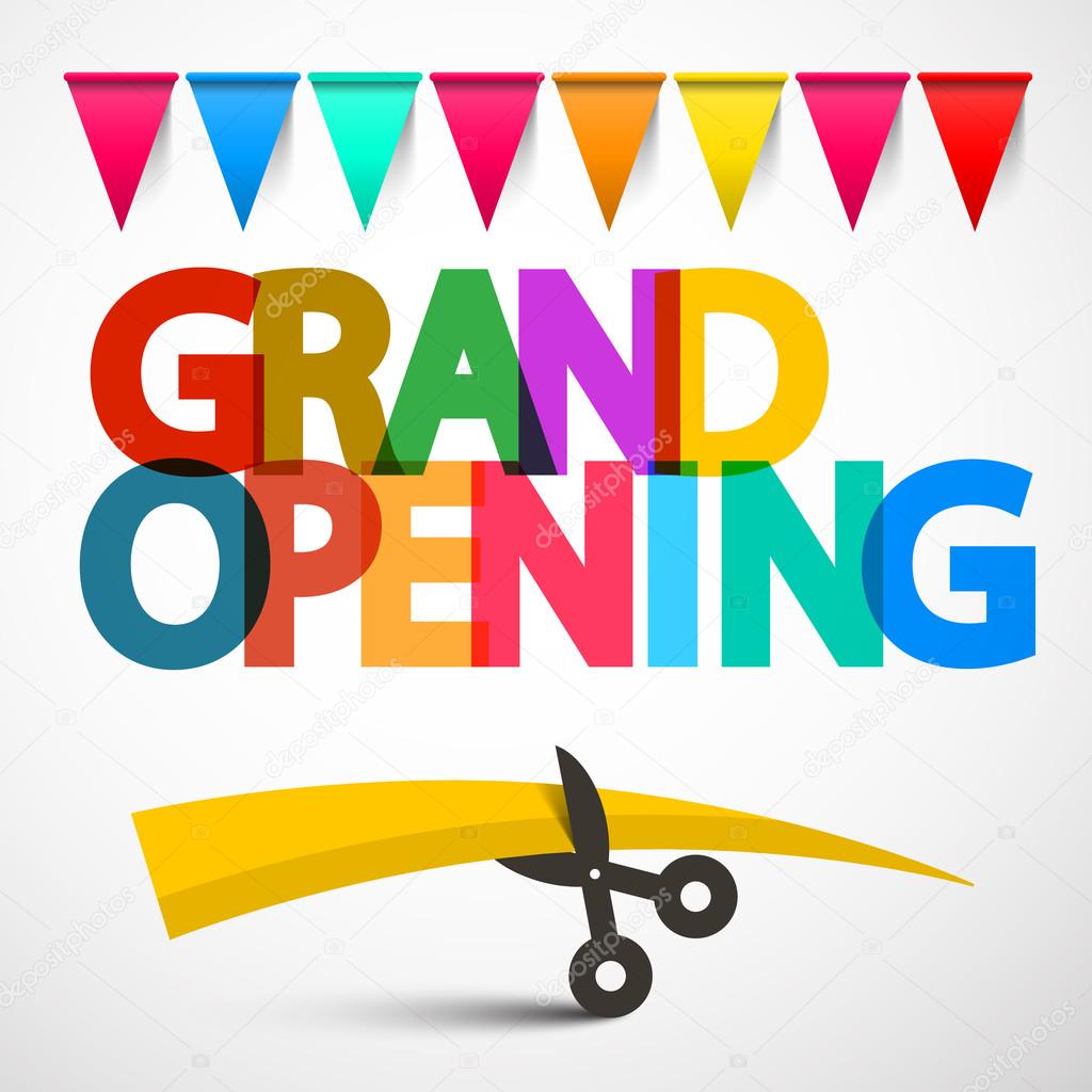 Grand Opening Colorful Vector Title with Scissors, Ribbon and Flags