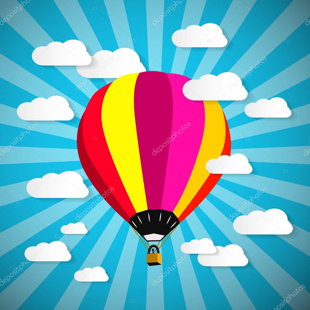 Colorful Hot Air Balloon on Blue Sky with Paper Clouds Vector Cartoon