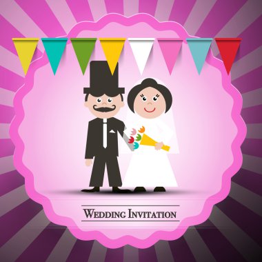 Bayrakları ve pembe daire etiketi ile Retro davetiye düğün