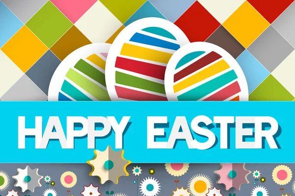 复活节快乐纸鸡蛋和鲜花对角线上的正方形背景 — 图库矢量图片