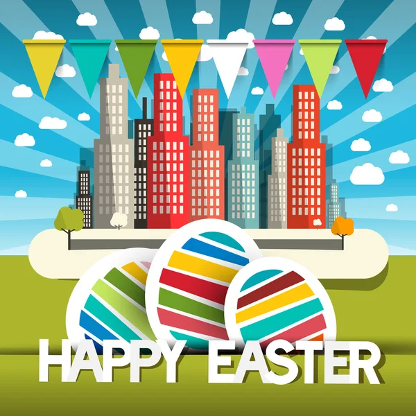 Veselé Velikonoce vektor vlajky města a velikonoční vajíčka — Stockový vektor
