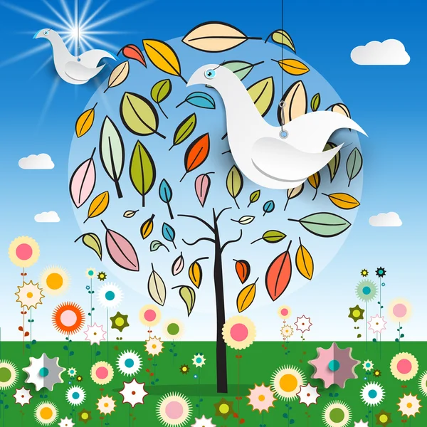 Magische tuin met abstracte boom - kleurige bloemen - papier vogel en blauwe hemel met wolken vectorillustratie — Stockvector