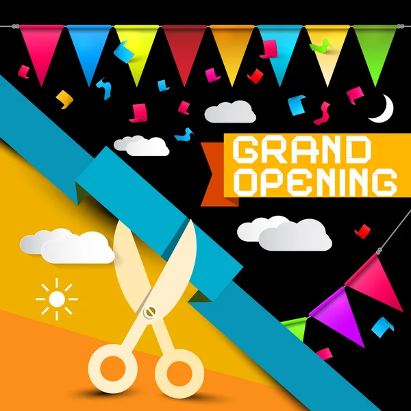 Grand Opening - vlaggen met Confetti - schaar snijden lint en nacht - dag vectorillustratie — Stockvector