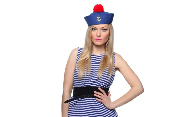 Young blond female sailor posing in her uniform and looking at the camera isolated on white background — Stock Photo, Image