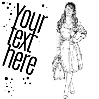 vektör çizim bir retro tarzı bir trençkot giyen bir kadın. kopya alanı