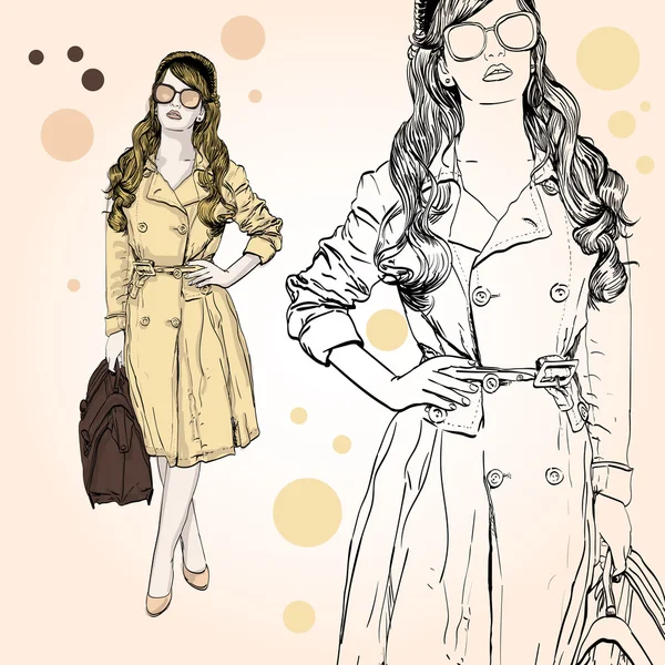 Illustration vectorielle d'une femme dans un style rétro portant un trench coat. espace de copie — Image vectorielle