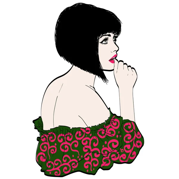 Ilustração vetorial de uma mulher morena em um estilo retro vestindo uma saia e blusa. Corte de cabelo do Bob. espaço de cópia — Vetor de Stock