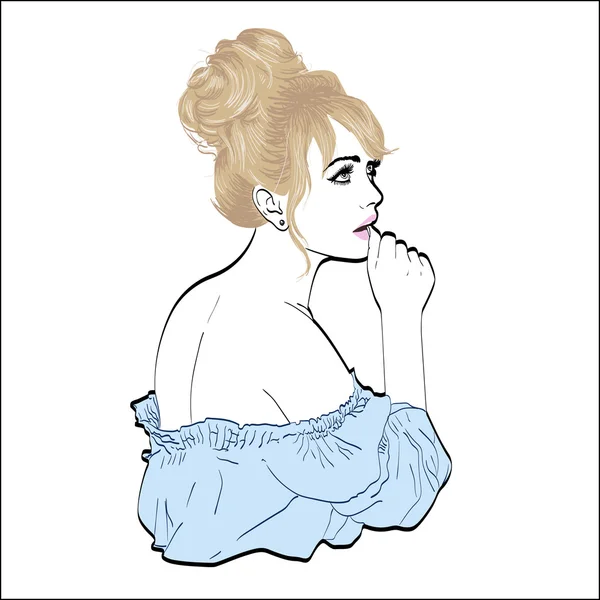 Ilustración vectorial de una mujer en un estilo retro con una falda y una blusa. espacio de copia — Vector de stock