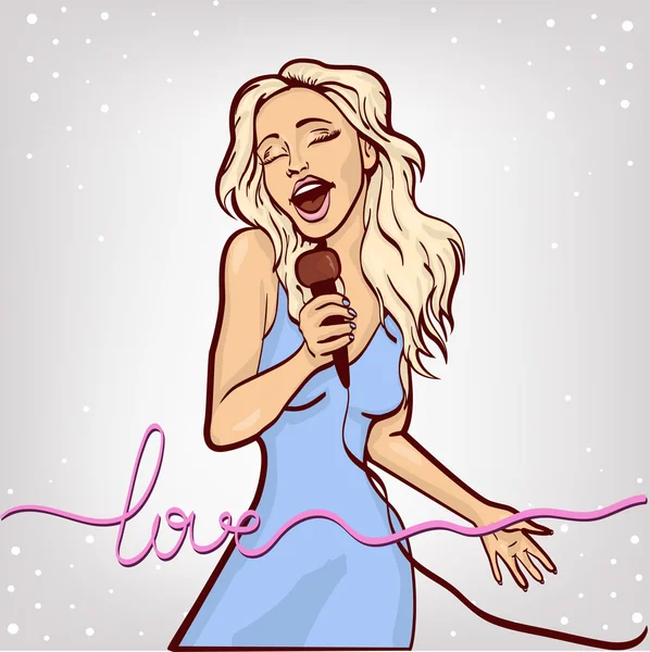 Ilustración vectorial de una mujer cantando. fiesta de karaoke. espacio de copia — Vector de stock
