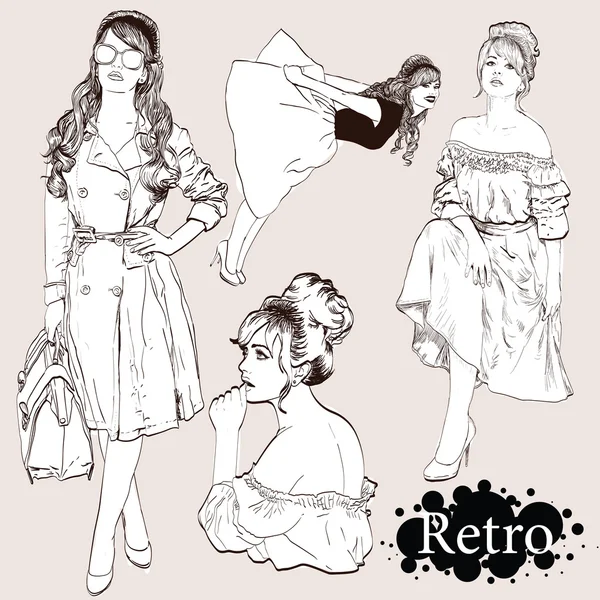 Vektor set: mode damer titta i liten svart klänning i 50-talet stil — Stock vektor