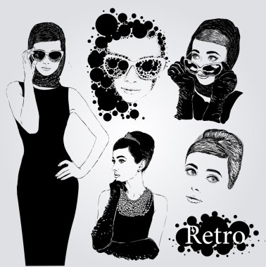 Vector set : fashion  ladies look in little black dress in 50s style