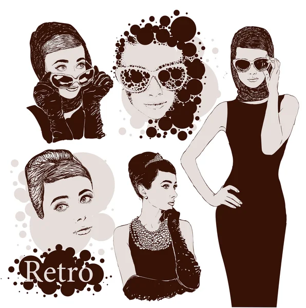 Векторный набор: модные дамы выглядят в маленьком черном платье в стиле 50-х — стоковый вектор