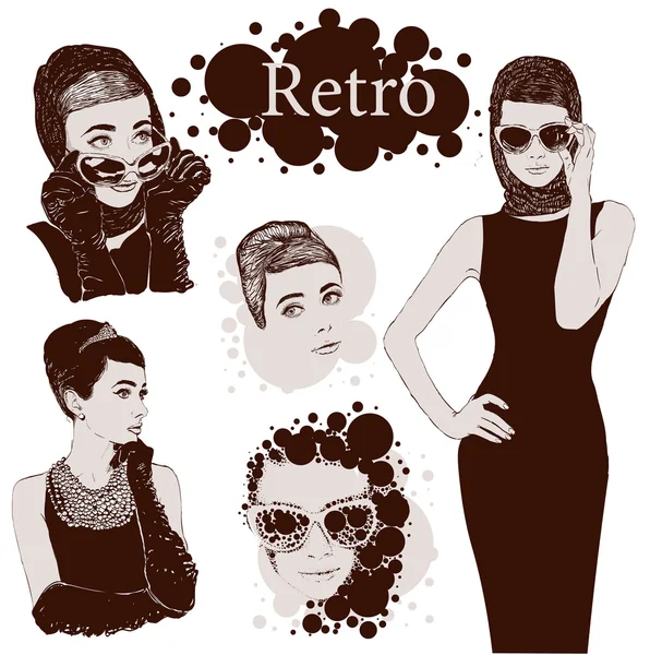 Conjunto de vectores: las damas de moda se ven en pequeño vestido negro en estilo de los años 50 — Vector de stock