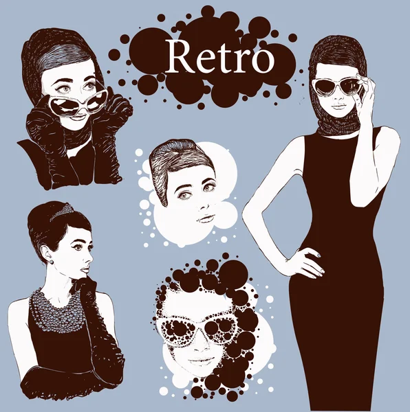 Conjunto de vetores: moda senhoras olhar em pouco vestido preto no estilo dos anos 50 — Vetor de Stock