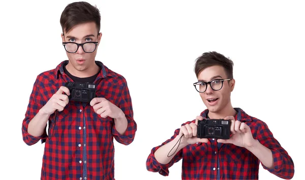 Portrait of a young attractive man with a camera — Stock Photo, Image