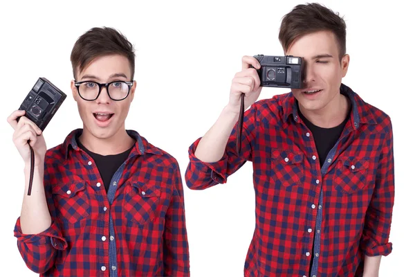 Portrait of a young attractive man with a camera — Stock Photo, Image