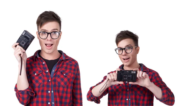 Portrait of a young attractive man with a camera — Stock Photo, Image