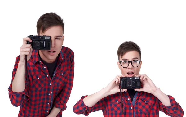 Portrait of a young attractive man with a camera — Stock Photo, Image
